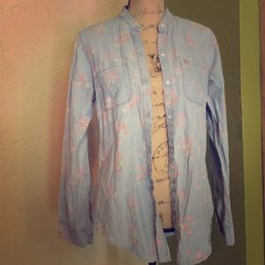 Light denim floral button down top